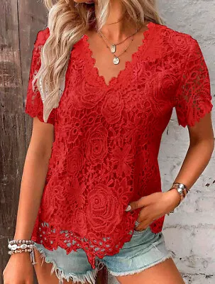 Ladies Lace V Neck Blouse Shirts Short Sleeve Summer Tops Casual T-shirt Size 24 • £10.29