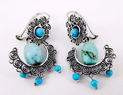 Vintage Handmade Mexican Sterling And Turquoise Filigree Earrings • $89