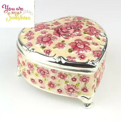 $58.89 • Buy White Tin Alloy Heart Shape With Pink Rose  Music Box :  You Are My Sunshine