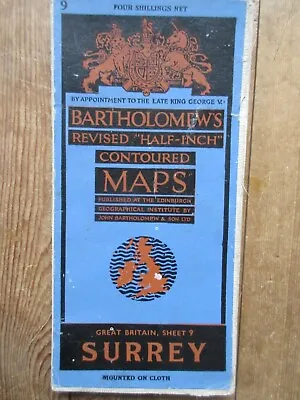 Vintage 1930's Bartholomews Revised Half-inch Contoured Map Surrey - Cloth/linen • £3.99