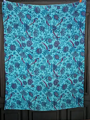 Vintage Cotton Bedspread Tapestry Tablecloth Teal Blue Printed Cotton Birds 70's • $40