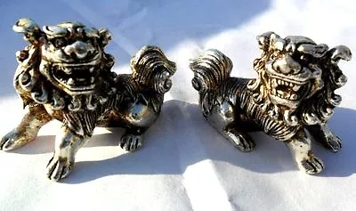 Hot A Pair Chinese Carved Silver Dragon Foo Dogs Statue Tea Pet Decoration Lion • $15.65