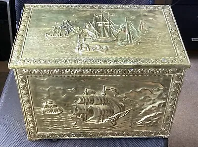 Vintage Embossed Brass Warship Coal Box Chest Mid 20 Century • £65