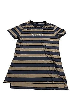 KSCY Kiss Chasey Men’s T-shirt Size L Beige Blue Logo Short Sleeve Surf • $15.35