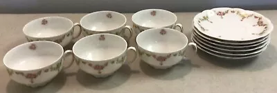 Antique M Z Moritz Zdekauer Austria Rose & Daisy Garland Set Of 6 Cups & Saucers • $34.99