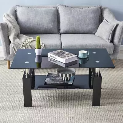 Coffee Table Glass Modern Shelf Wood Living Rectangular Room Furniture Black New • $75.59