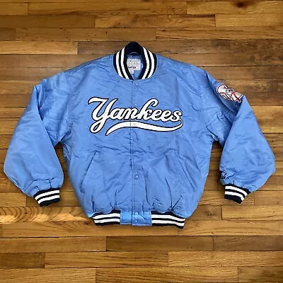 90’s Vintage Starter MLB New York Yankees Baby Blue Satin Jacket Size L Used VTG • $250