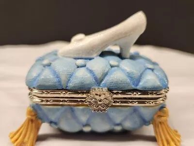 VTG Blue Trinket Box W/ Silver Hinged Lid White Glitter Shoe Cinderella Princess • $26.99