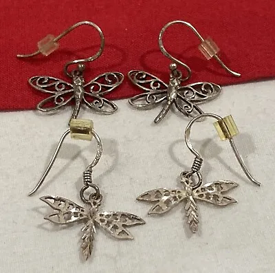 Vintage DRAGONFLY Cut Out 925 Sterling Silver Signed Dangle EARRINGS -LOT 2- • $18.95