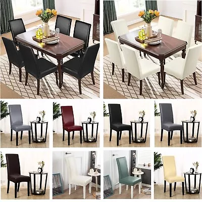 Stretch PU Leather Dining Chair Covers Seat Slipcover Waterproof Wedding Cover • $16.99