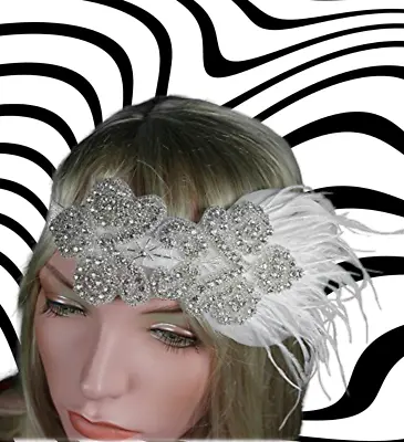 White 1920s Flapper Headband Silver Rhinestones Crystal Feather Headpiece Gatsby • $10.99