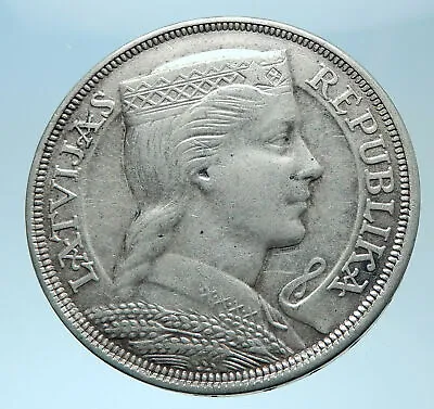 1932 LATVIA W Female Headwear 5 Lati LARGE Vintage Silver European Coin I77910 • $150.80