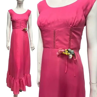 Vintage 70's Bubblegum Pink Maxi Dress 6-8 Prom/Party/Bridesmaid Corsage True • £36