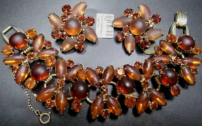 JULIANA Frosted Chocolate Glass Cabochon Rhinestone Vintage Bracelet Earring Set • $199.99