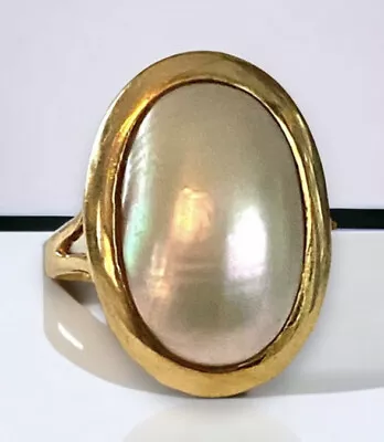 VINTAGE 14K Gold Large 18mm X 11mm Mabe Pearl Statement Ring Size 7.25 BEAUTY!! • $715