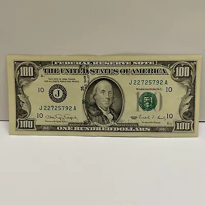 Series 1990 US One Hundred Dollar Bill $100 Kansas City J 22725792 A • $133