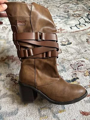 Blowfish Malibu Buckle Block Heel Boots Faux Leather Brown Size 10 • $11.80