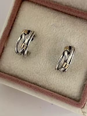 PANDORA 14ct Gold & Sterling Silver Two Tone Stud Hoop Earrings Original Box NEW • $125