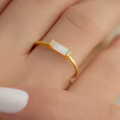 Baguette Cut Fire Moonstone 14K Yellow Gold Plated Silver Minimalist Dainty Ring • $83.95