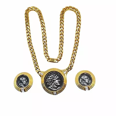 Vintage Set Necklace Earrings Signed TAT Roman Warrior Coin Gold Plate Clips B5 • $295