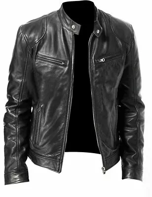 Mens Cafe Racer Retro Biker Genuine Sheep Leather Black Brown Slim Fit Jacket • $32.99