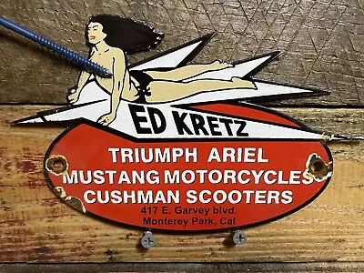 Vintage Ed Kretz Porcelain Sign Motorcycle Triumph Cushman Mustang Gas & Oil • $185