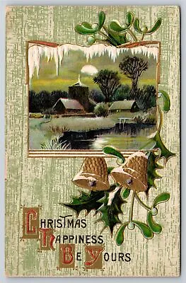 Holiday~Christmas Happiness~Winter Town & Bells W/ Mistletoe~Vintage Postcard • $3.70