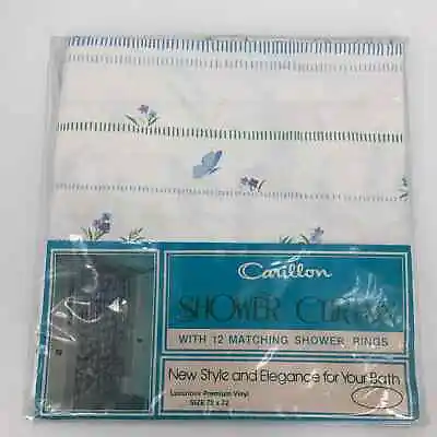 Vintage Carillon Shower Curtain Purple Blue Flowers Butterflies Vinyl 1970s  • $40