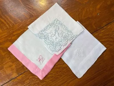 3 Vintage Hankies Embroidered Monogram Initial R Cutwork Pink Blue White Pretty • $10