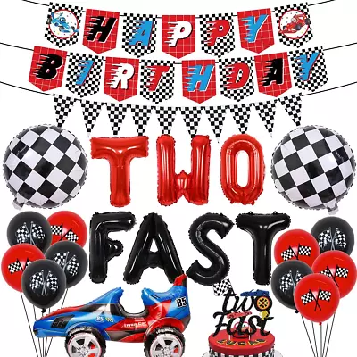 Race Car 2nd Birthday Party Supplies Two Fast Balloons Cake Topper Race Car Happ • $28.75