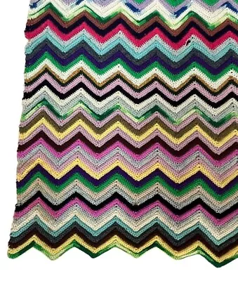 Vintage Handmade Crochet Knit Afghan Zig Zag Chevron Throw Blanket Granny • $42.50