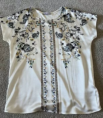 Per Una 14 Top Ivory Blue Paisley Print Satin Blouse T-shirt Great Condition • £5