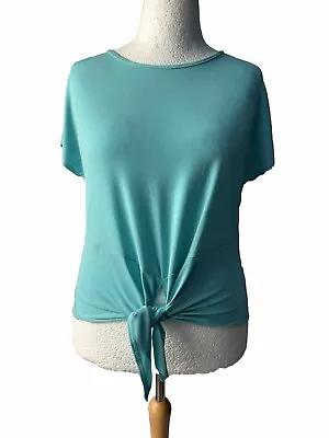 EX Kim&Co Top Brazil Jersey Knotted Waist Stretch Blouse Turquoise Medium M • £15.99