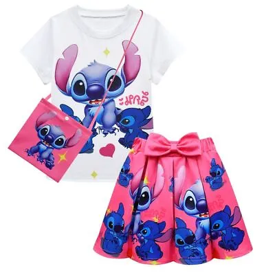 Girls Lilo Stitch Costume T-Shirt Top Pleated Skirt Outfit Fancy Party Dress • £16.90