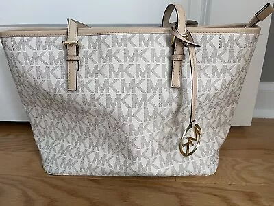 Michael Kors White & Light Tan Logo Purse Tote Bag Hand Bag With Gold Accents • $90