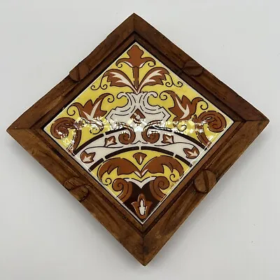DAL-TILE MEXICO Tile Set Hand Carved Wood Frame Trivet Vintage Yellow & Brown • $18