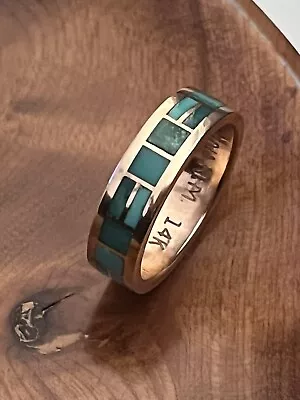 Beautiful 14k  Gold  Turquoise Inlaid Zuni Ring Signed By Artist Sz 8 Vintage • $700