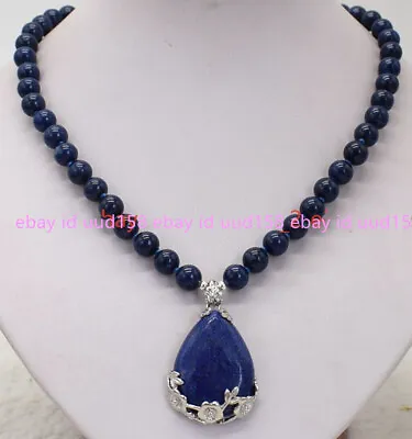 Natural Blue Lapis Lazuli Drop Pendant 8MM Gemstone Round Beads Necklace 18  AAA • $4.74