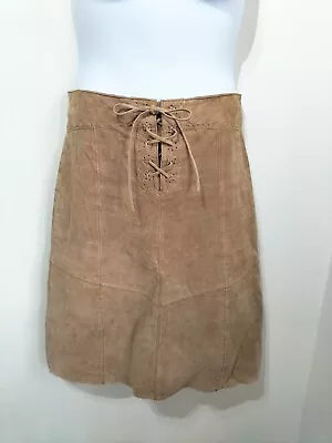 Vintage 90s Tan Brown Suede Genuine Leather Skirt 12 14 Lace Up A Line New Look • £20