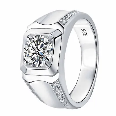 Men Moissanite Ring Round Cut Wedding Band Sterling Silver Comfort Fit Ring Band • $50.99