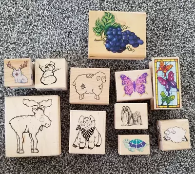 Vintage Wooden Rubber Ink Stamps Christmas Moose Pig Lamb Butterfly Dog Turtle • $6