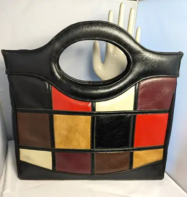 Vintage 60s Mod Large Color Block Vinyl Patchwork Purse Top Handle Bag • $38