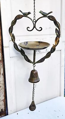 Hanging Metal Bird Feeder Bath Distressed W Bell Wind Chime~Garden-Vintage Chic • $42