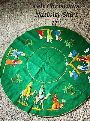 Vintage Finished Bucilla Christmas Nativity FELT TREE SKIRT 41  Sequin Trimmed • $85