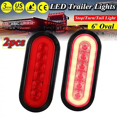 2 Red 6  Oval Trailer Lights 10 LED Stop Turn Tail Truck Sealed Grommet Plug DOT • $19.99