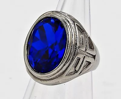 Blue Sapphire Simulated Ring Men Stainless Steel Silver Cross Christian SIZE 9 Y • $19.99