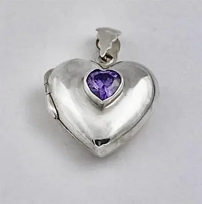 Vintage Marsala 925 Sterling Silver & Purple CZ Puffy Heart Locket Pendant • $29