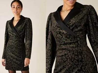 Monsoon Black Nieve Nailhead Leopard Velvet Tuxedo Wrap Jacket Blazer Dress New • £19.99