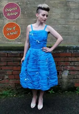 1950s Dress | Vintage Baby Blue Chiffon Rouched Prom Dress UK Size 6/8 Retro • £165