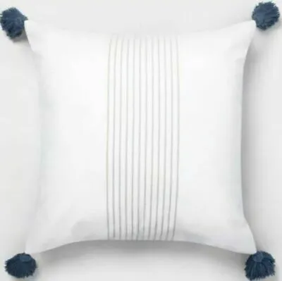 Hearth & Hand Magnolia Cream Taupe Stripe Blue Tassels Throw Pillow 18  X 18  • $15.99